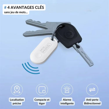Traceur Bluetooth GPS avec 4 avantages clés : localisation précise, design compact et léger, alarme intelligente et fonction anti-perte bidirectionnelle. L'accessoire idéal pour ne plus perdre vos clés.
